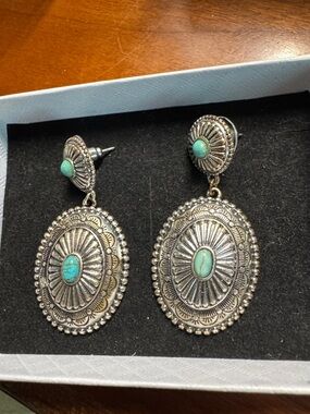 American West  Silver- Turquoise Oval Drop Earrings - Women Jewelry